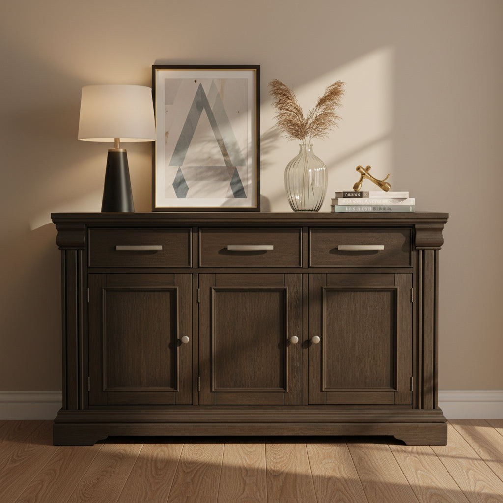 Buffet bahut de 152 cm, 3 tiroirs et 3 portes, bois marron rustique