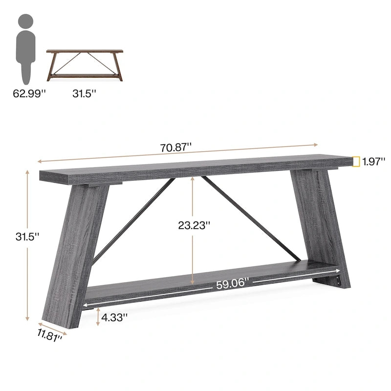 Table Console/Canapé en Bois Rustique de 70,9 Pouces de Long avec Étagère de Rangement