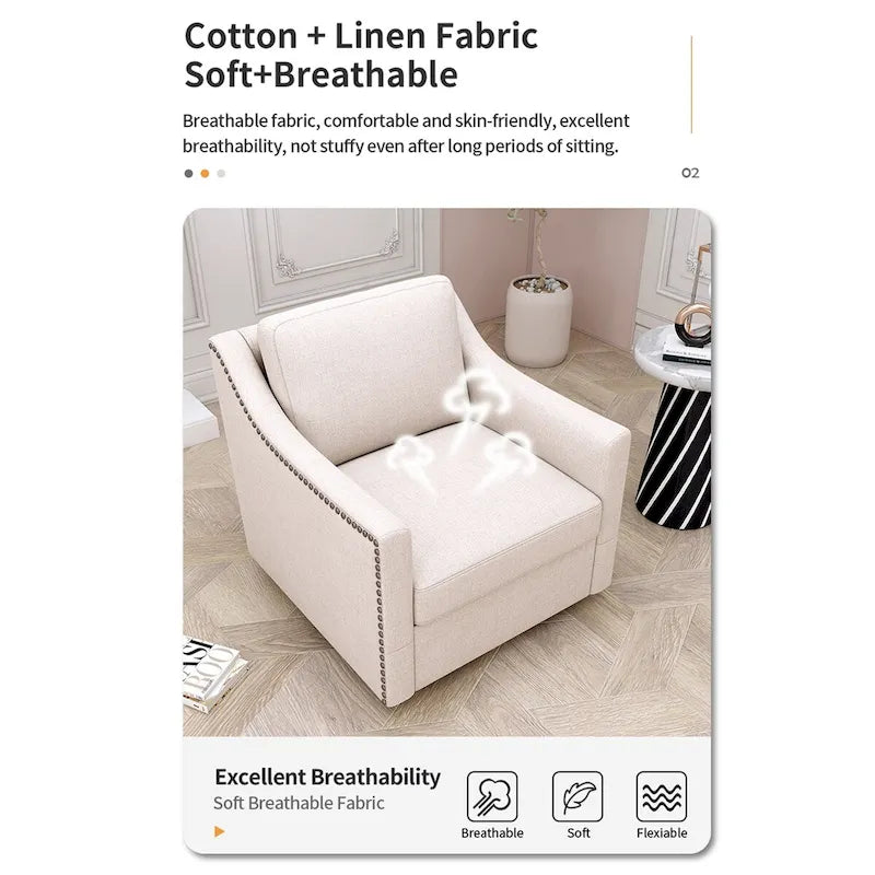 Fauteuil pivotant à 360 degrés en coton et lin Tissu agréable pour la peau Conception ergonomique