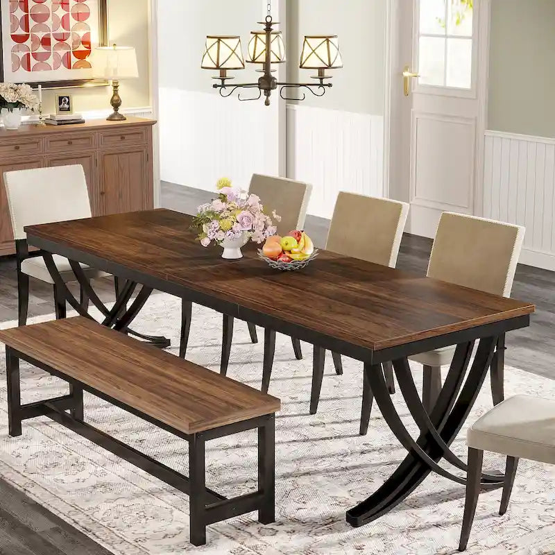 Table à manger rectangulaire 6-8 personnes, grande table de cuisine en bois de 198 cm style ferme