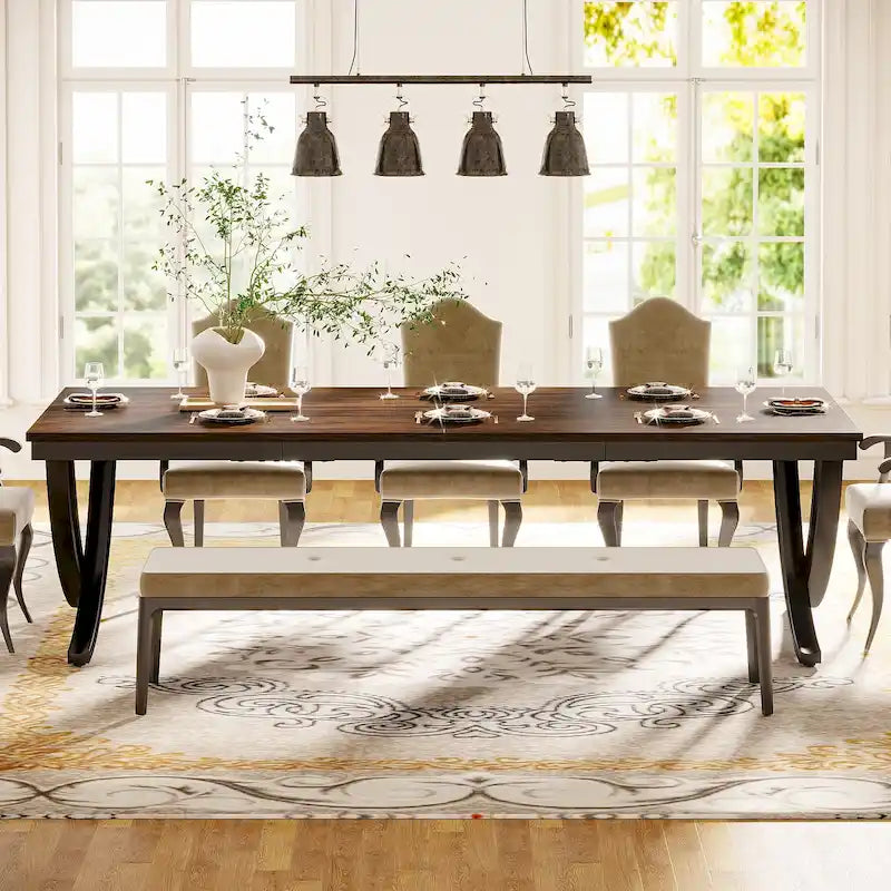 Table à manger rectangulaire 6-8 personnes, grande table de cuisine en bois de 198 cm style ferme