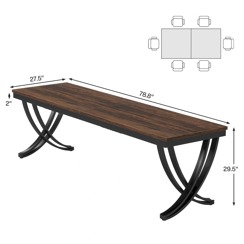 Table à manger rectangulaire 6-8 personnes, grande table de cuisine en bois de 198 cm style ferme