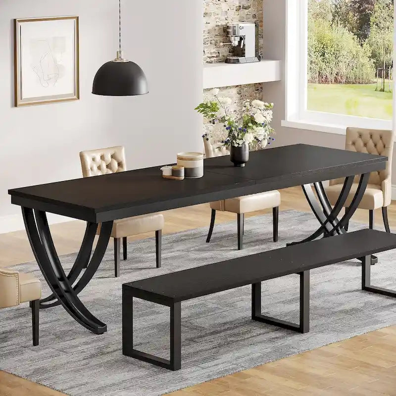 Table à manger rectangulaire 6-8 personnes, grande table de cuisine en bois de 198 cm style ferme
