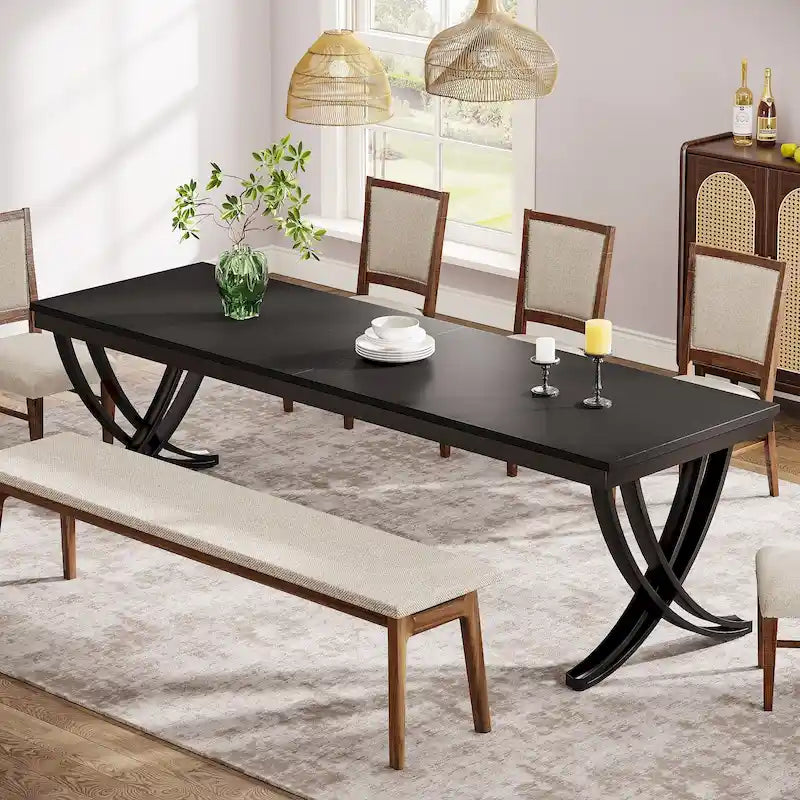 Table à manger rectangulaire 6-8 personnes, grande table de cuisine en bois de 198 cm style ferme