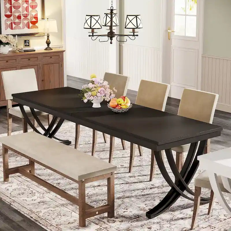 Table à manger rectangulaire 6-8 personnes, grande table de cuisine en bois de 198 cm style ferme