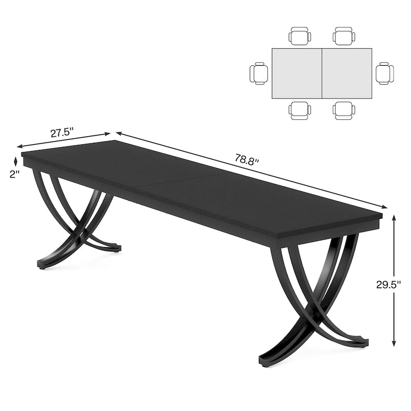 Table à manger rectangulaire 6-8 personnes, grande table de cuisine en bois de 198 cm style ferme