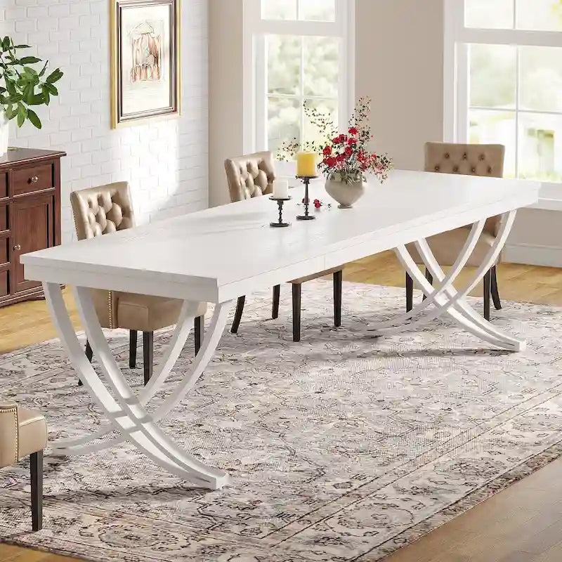 Table à manger rectangulaire 6-8 personnes, grande table de cuisine en bois de 198 cm style ferme