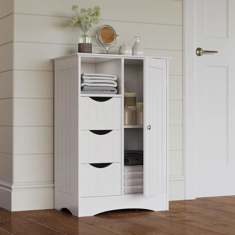 Meuble de rangement pour salle de bain et buanderie à porte unique avec 3 tiroirs, étagère ouverte et réglable