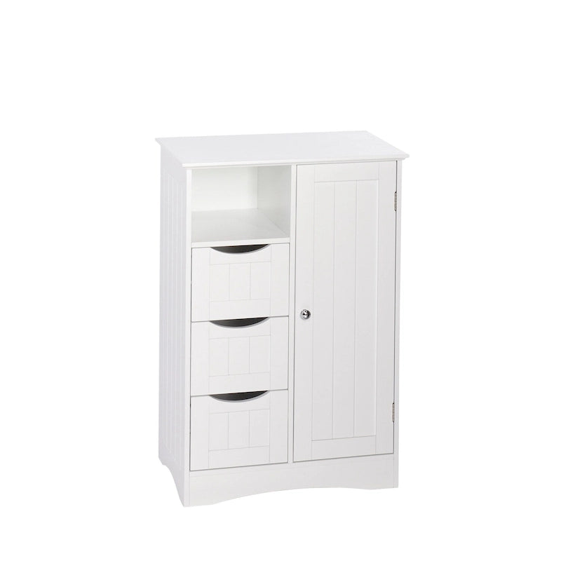 Meuble de rangement pour salle de bain et buanderie à porte unique avec 3 tiroirs, étagère ouverte et réglable