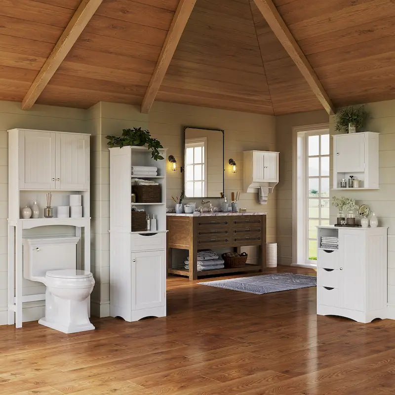 Meuble de rangement pour salle de bain et buanderie à porte unique avec 3 tiroirs, étagère ouverte et réglable