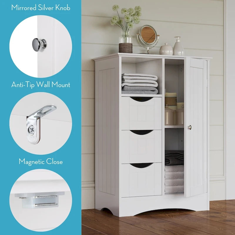 Meuble de rangement pour salle de bain et buanderie à porte unique avec 3 tiroirs, étagère ouverte et réglable