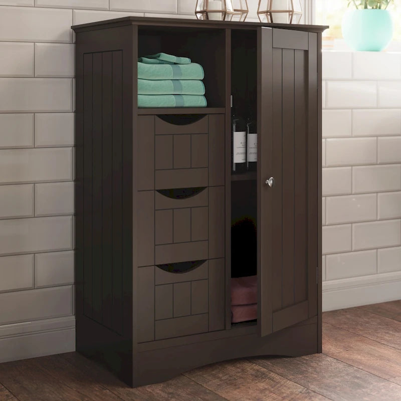 Meuble de rangement pour salle de bain et buanderie à porte unique avec 3 tiroirs, étagère ouverte et réglable