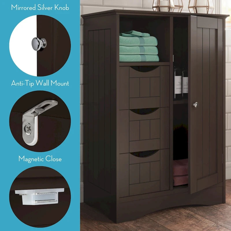 Meuble de rangement pour salle de bain et buanderie à porte unique avec 3 tiroirs, étagère ouverte et réglable