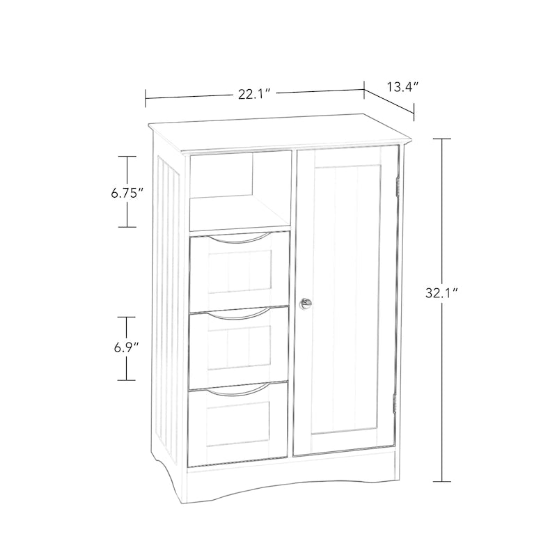 Meuble de rangement pour salle de bain et buanderie à porte unique avec 3 tiroirs, étagère ouverte et réglable