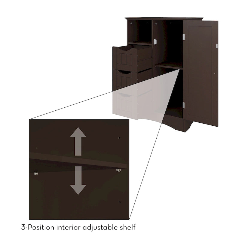 Meuble de rangement pour salle de bain et buanderie à porte unique avec 3 tiroirs, étagère ouverte et réglable