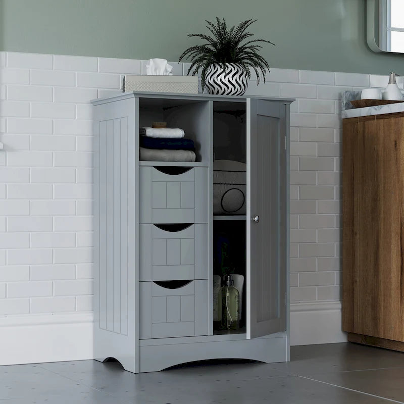 Meuble de rangement pour salle de bain et buanderie à porte unique avec 3 tiroirs, étagère ouverte et réglable