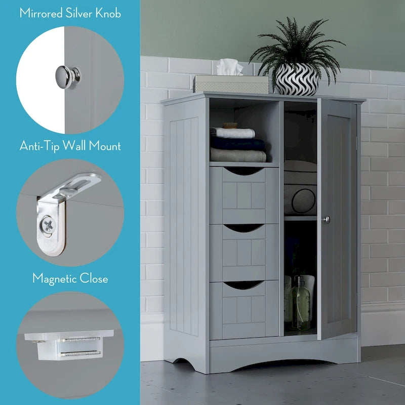 Meuble de rangement pour salle de bain et buanderie à porte unique avec 3 tiroirs, étagère ouverte et réglable