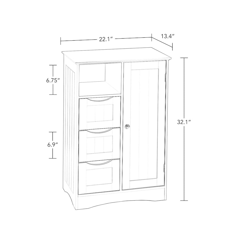 Meuble de rangement pour salle de bain et buanderie à porte unique avec 3 tiroirs, étagère ouverte et réglable