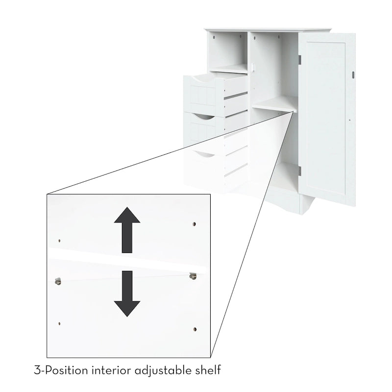 Meuble de rangement pour salle de bain et buanderie à porte unique avec 3 tiroirs, étagère ouverte et réglable