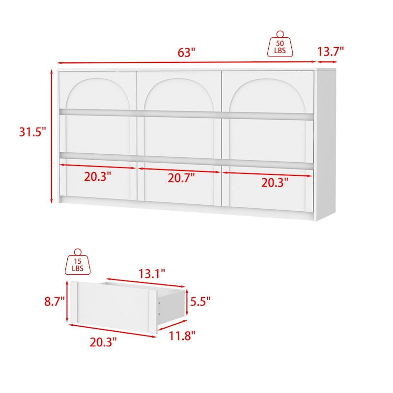 Commode de rangement blanche à 6 tiroirs pour chambre, salle à manger et cuisine